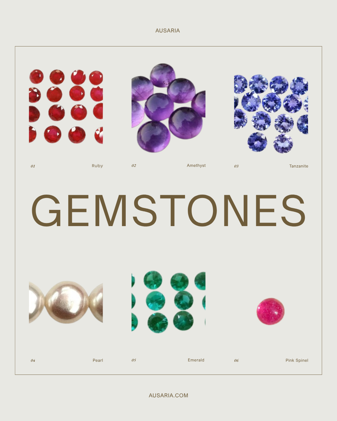 Poster of gemstones with color swatches and 'AUSARIA' branding.